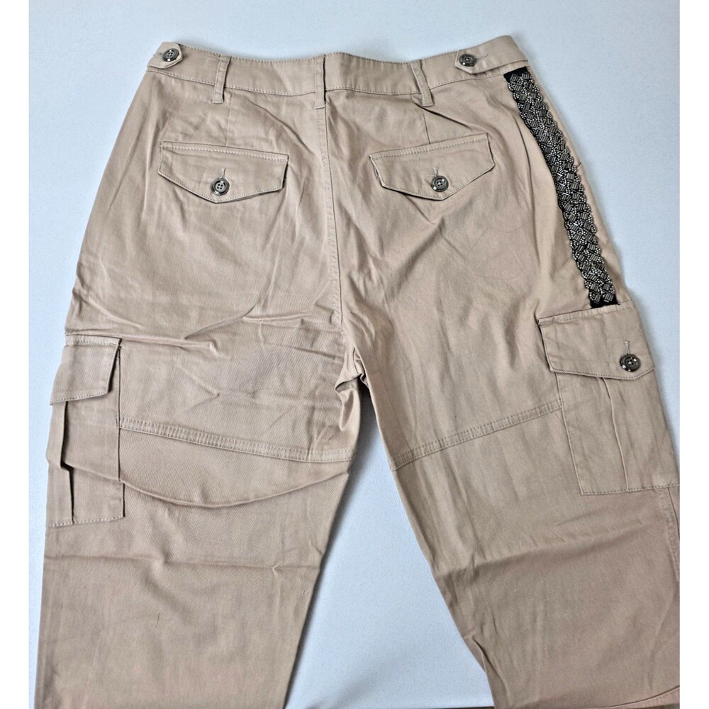 SHERYL CROW Tan Boho Beaded Slim-Fit Girlfriend Cargo Cropped Pants Sz 12